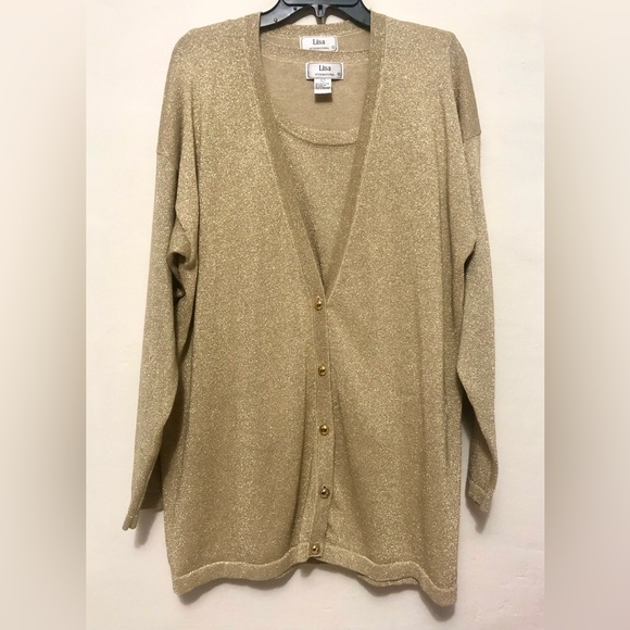 Lisa International Gold Metallic Shirt Button Up Sweater Combo M and L Party - Picture 1 of 3